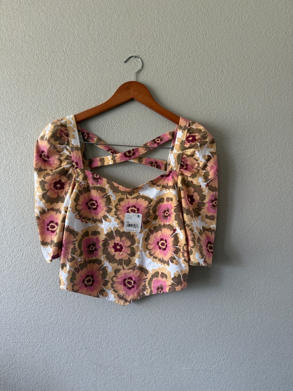 Free People Floral Puff-Sleeve Cropped Top - Pink & Tan
